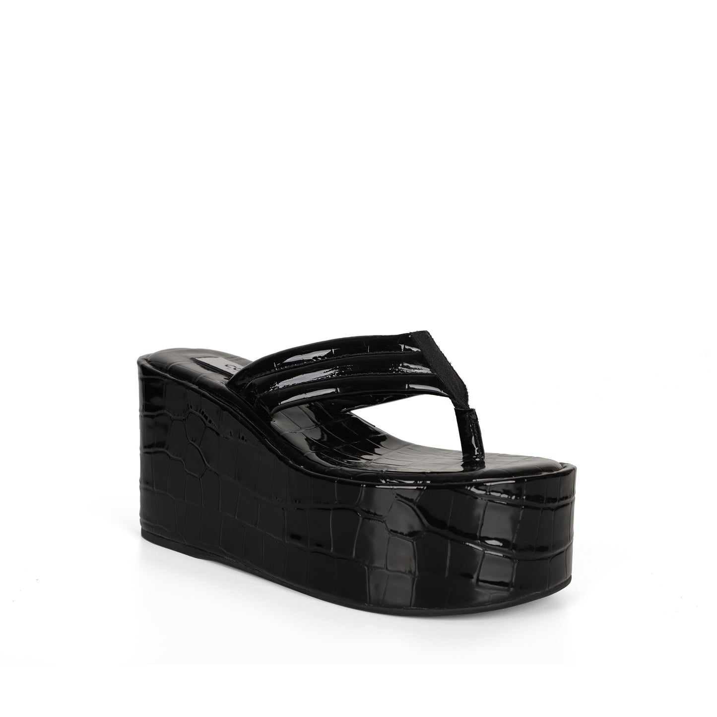 Vitani Wedge Sandal Black Patent Croco Leather