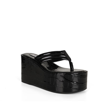 Vitani Wedge Sandal Black Patent Croco Leather