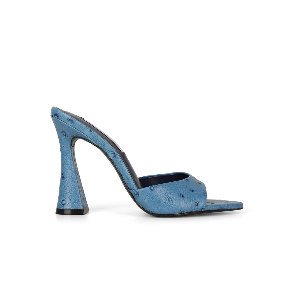 Nola mule in ostrich-embossed blue with sculpted heel, side view