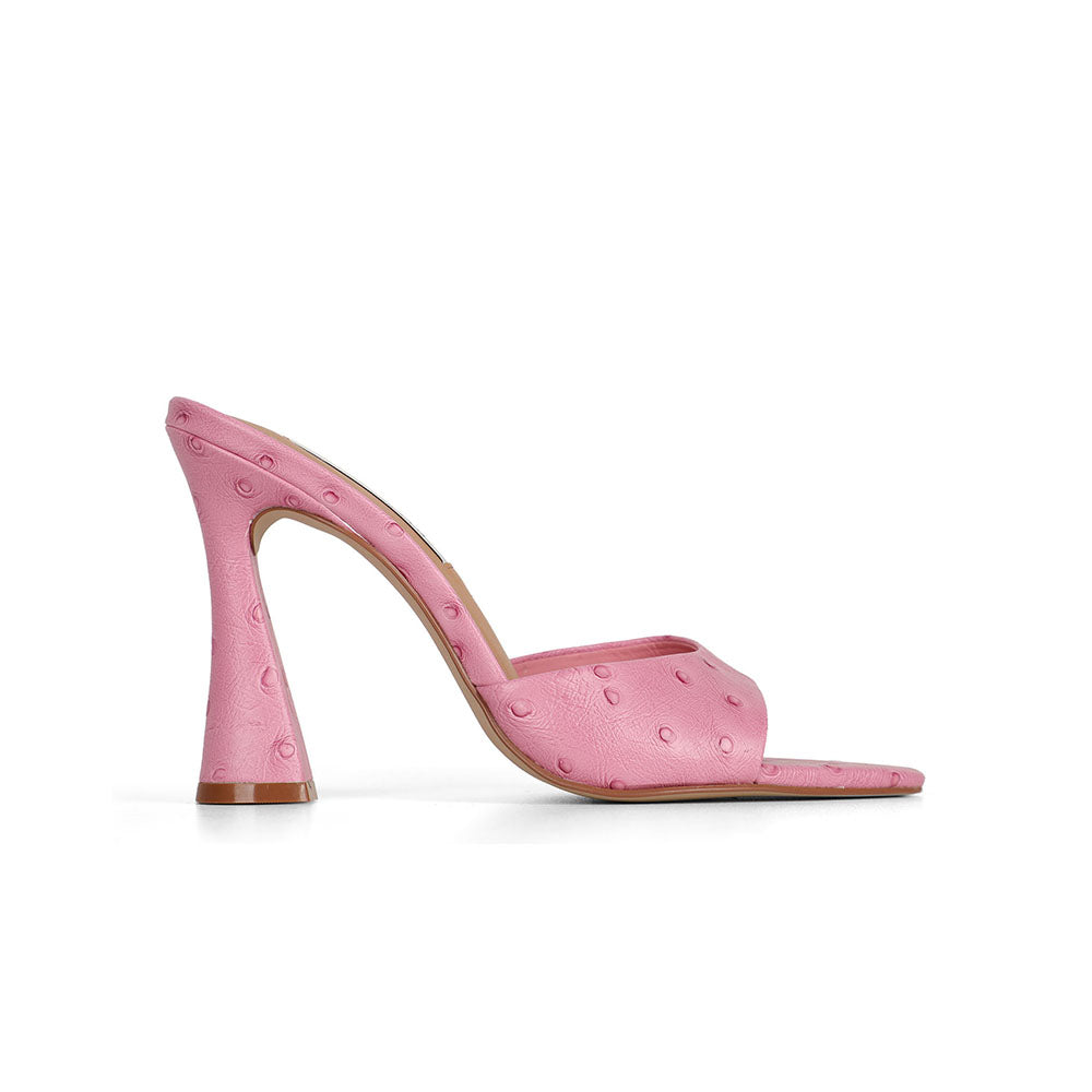 Nola mule in ostrich-embossed pink with sculpted heel, side view