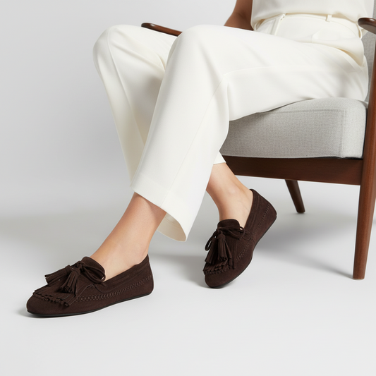 Femme Loafer Brown Leather worn by a model