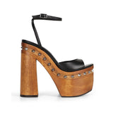 Myst Studded Wood Platform Sandal Black Leather