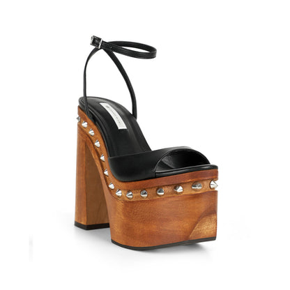 Myst Studded Wood Platform Sandal Black Leather, view 3