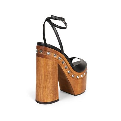 Myst Studded Wood Platform Sandal Black Leather, view 4