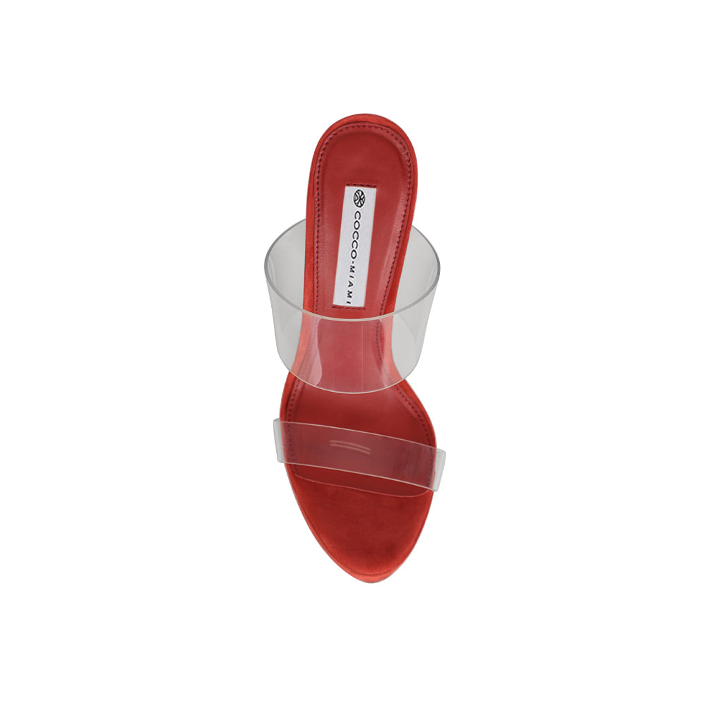 Kaila platform mule in red vinyl, top view of the footbed