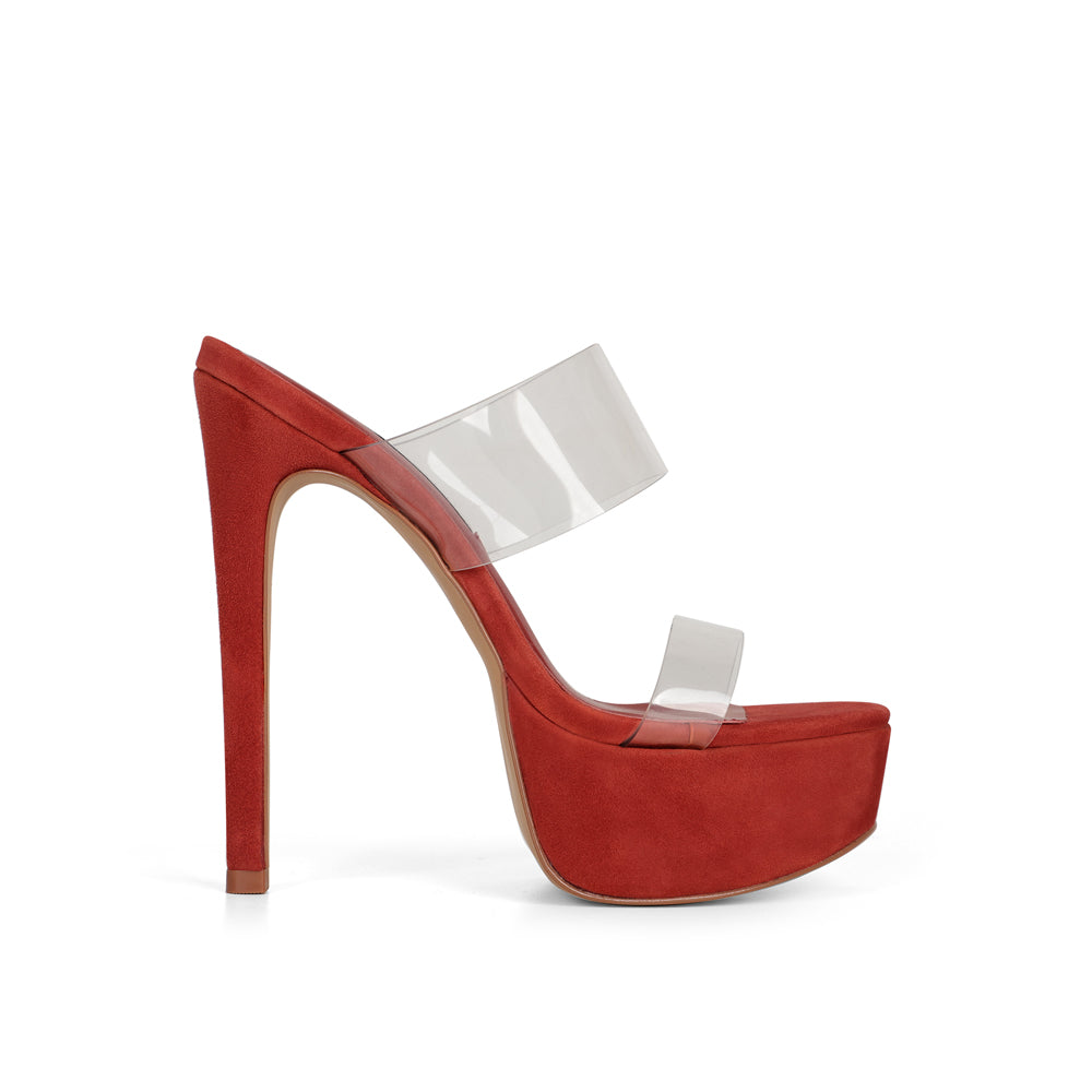Kaila platform mule in red vinyl with clear bands, side view