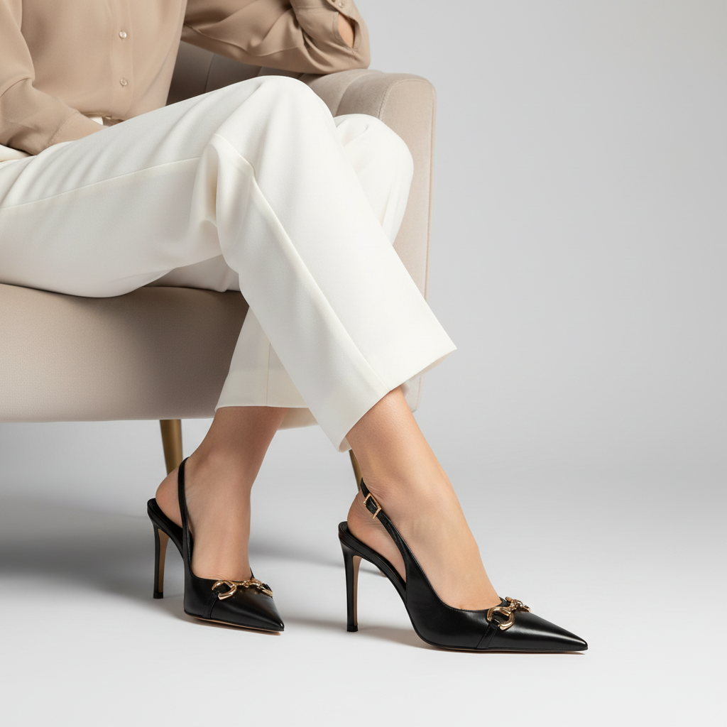 Elaine Pump Black Leather worn by a model