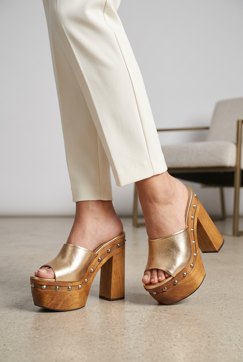 Sandalia de plataforma Naya con tachas y madera de piel dorada