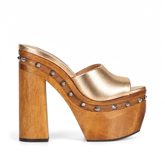 Naya Studded Wood Platform Sandal Gold Leather