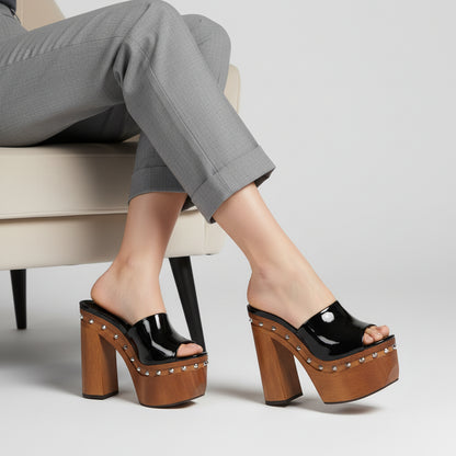 Naya Studded Wood Platform Sandal Black Patent Leather
