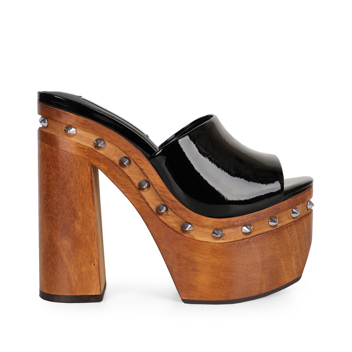 Naya Studded Wood Platform Sandal Black Patent Leather