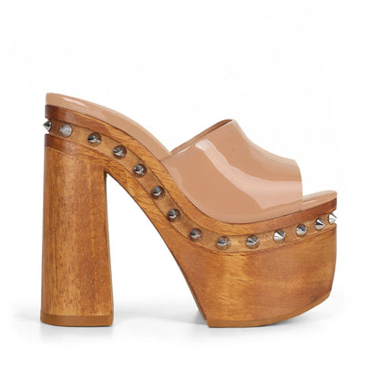 Naya Studded Wood Platform Sandal Nude Patent Leather