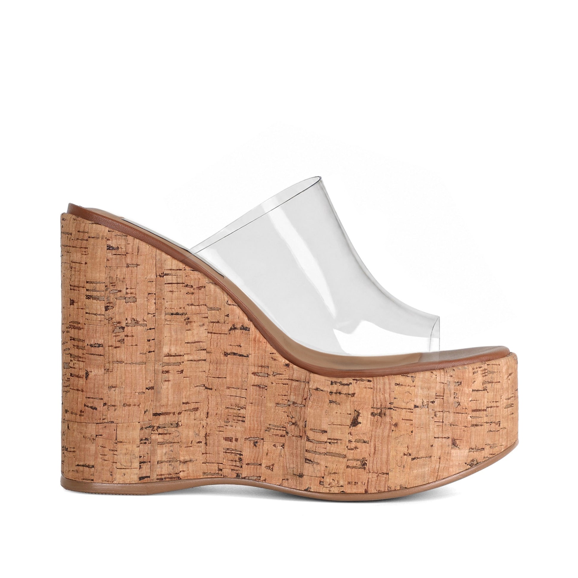 Marina cork wedge mule with a clear vinyl band and leather-trimmed footbed, side view