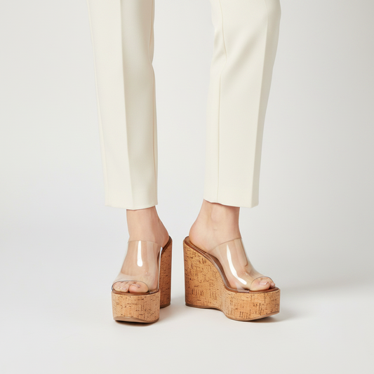 Marina Cork Wedge Mule Clear Vinyl